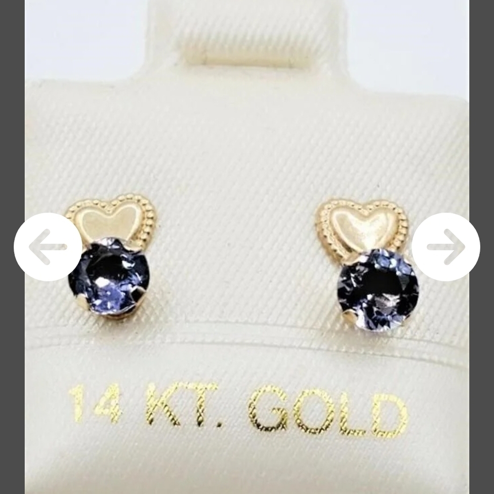 14K Gold Heart Natural Iolite  Stud Earrings
